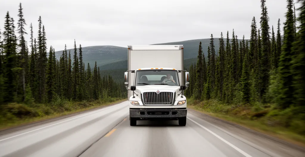 Camion de déménagement longue distance sur la Trans-Labrador Highway traversant la forêt boréale