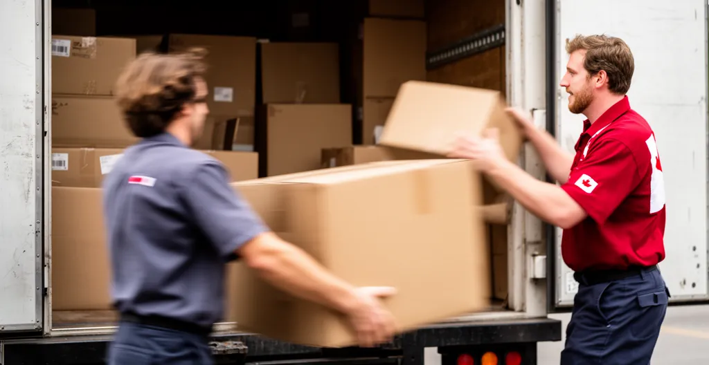 Équipe de déménageurs professionnels chargeant des cartons dans un camion de transport longue distance