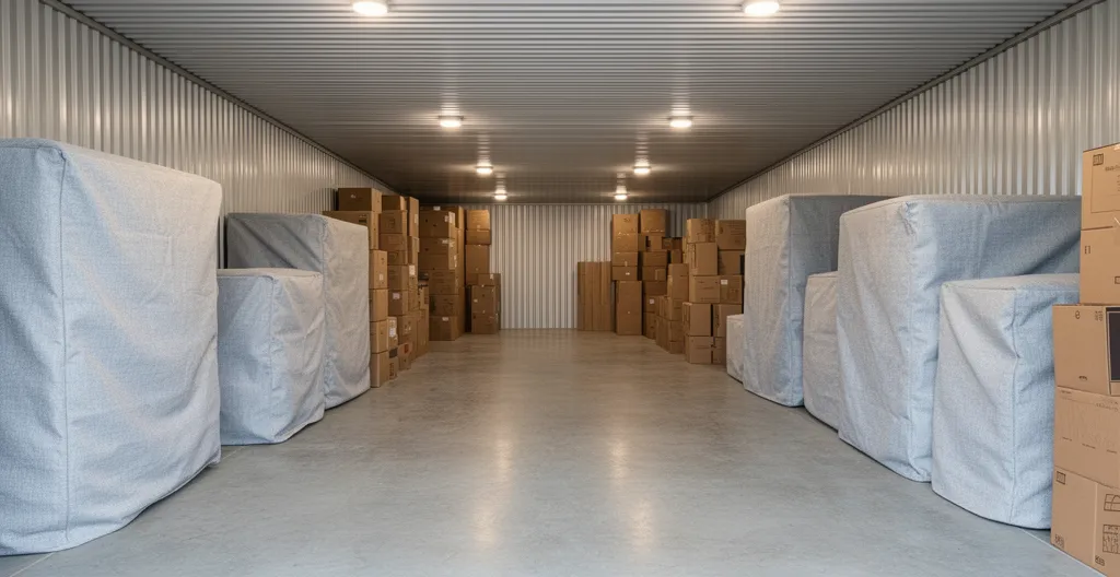 Intérieur d'une unité d'entreposage chauffée avec meubles emballés pour déménagement au Labrador
