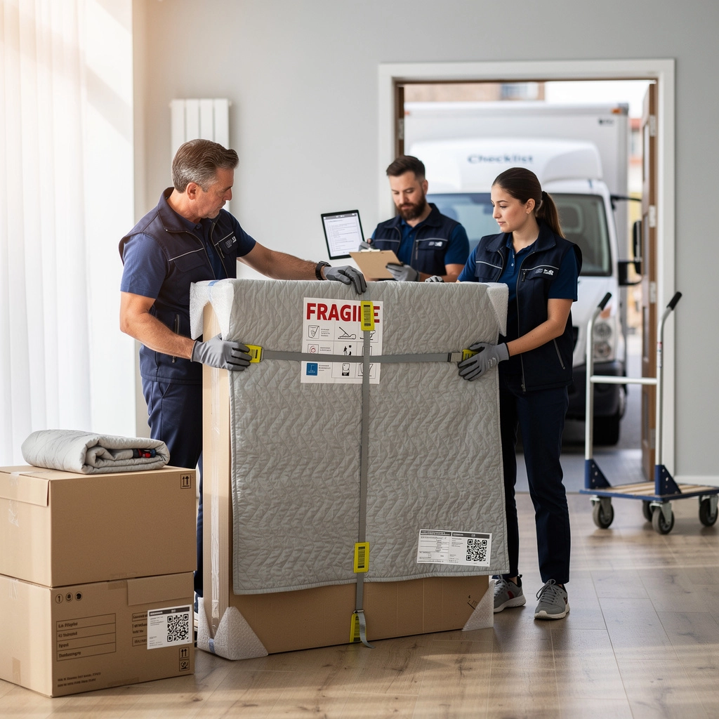 Trois déménageurs sont sur le point de charger un grand meuble