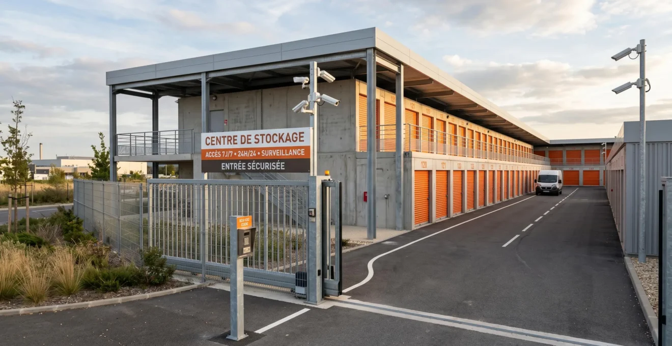 Bâtiment moderne de self-stockage en France avec boxes à portes orange, clôture sécurisée et caméras de surveillance