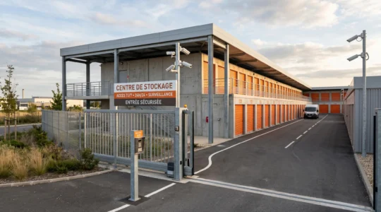 Bâtiment moderne de self-stockage en France avec boxes à portes orange, clôture sécurisée et caméras de surveillance
