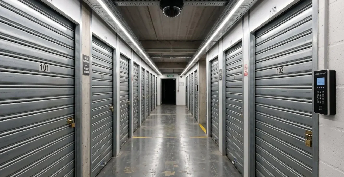 Couloir de centre de stockage avec portes numérotées, caméra de surveillance au plafond et boîtier de contrôle d'accès